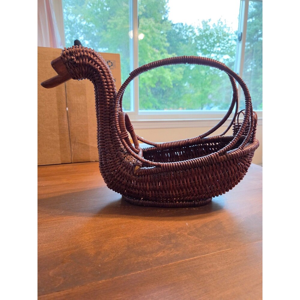 vintage dark brown wicker rattan duck goose hand carved wood beak with handle